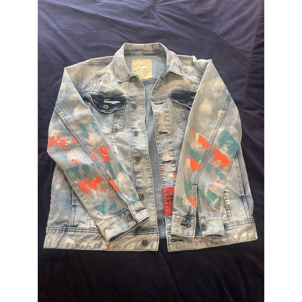 Smoke Rise Denim Jacket Men's Large Distressed Paint Splatter Acid Wash Trucker